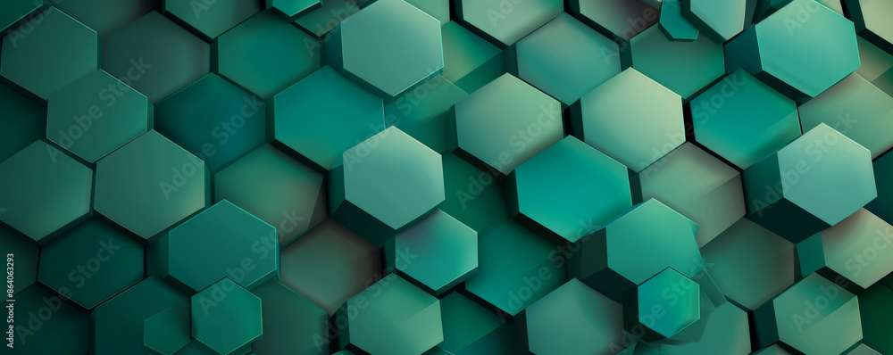 Poster abstract geometric background showcasing overlapping hexagons and triangles in shades of green and t