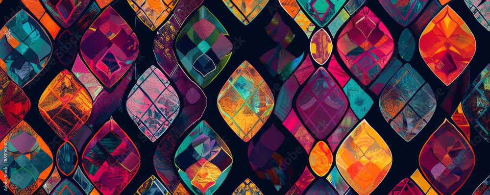Poster abstract geometric background with a pattern of interlocking diamonds and hexagons in rich jewel ton