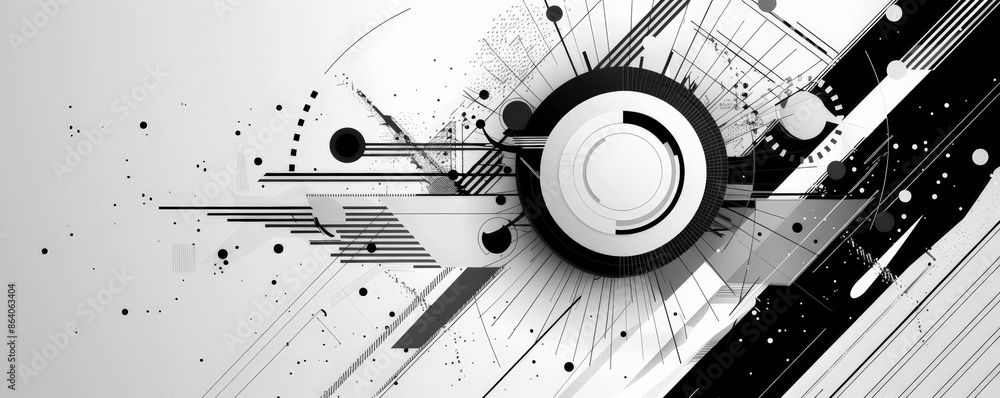 Poster abstract geometric background with a blend of angular lines and circular shapes in a monochrome pale