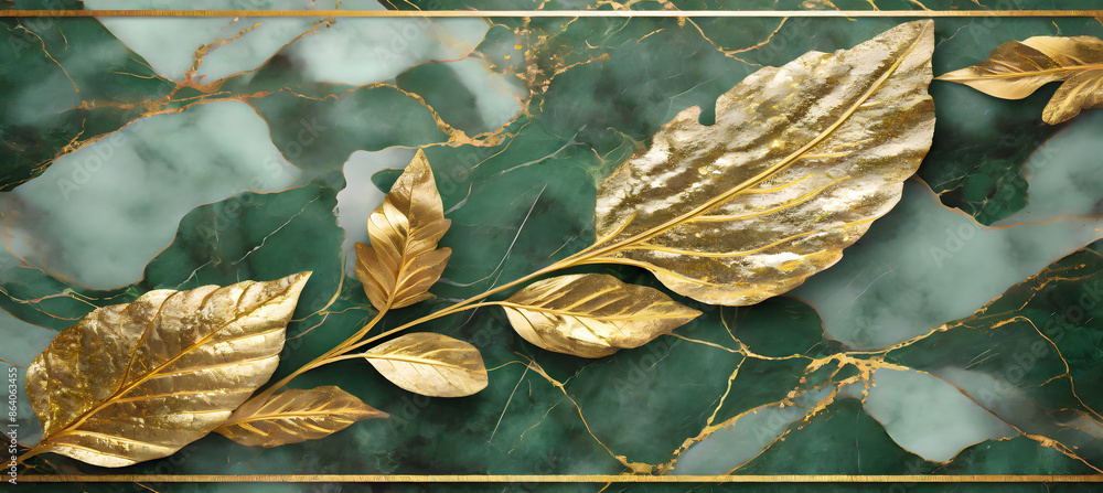 Poster create a digital texture showcasing intricate gold leaf inlay on a green marble background. generati