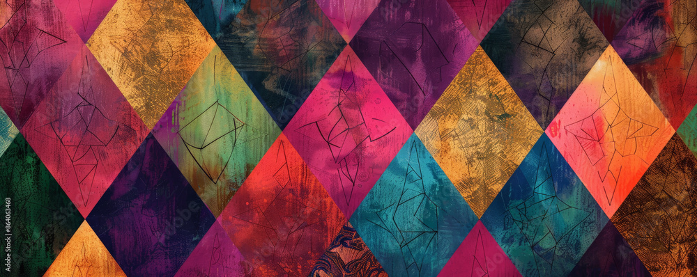 Poster abstract geometric background with a pattern of interlocking diamonds and hexagons in rich jewel ton
