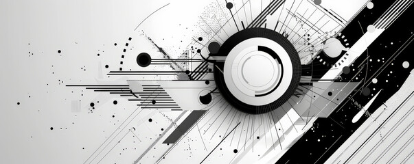 Abstract geometric background with a blend of angular lines and circular shapes in a monochrome palette. The high contrast between black and white adds drama and elegance to the design.