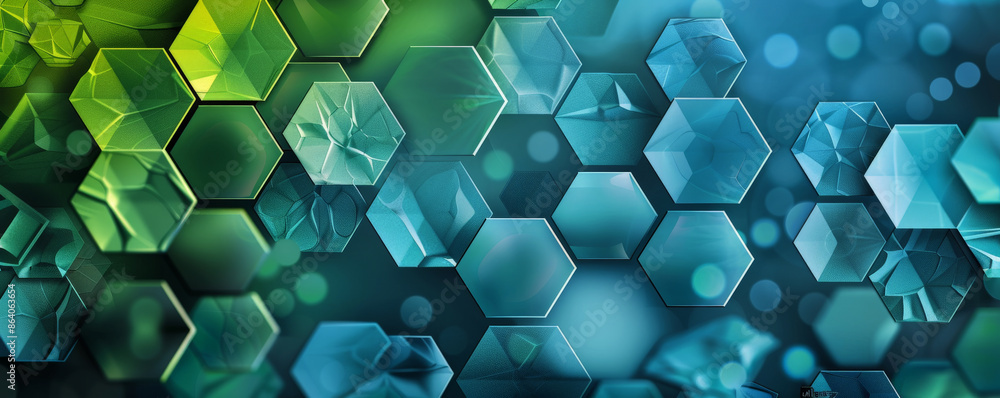 Poster abstract geometric background with interlocking hexagons and circles in cool blue and green tones. t
