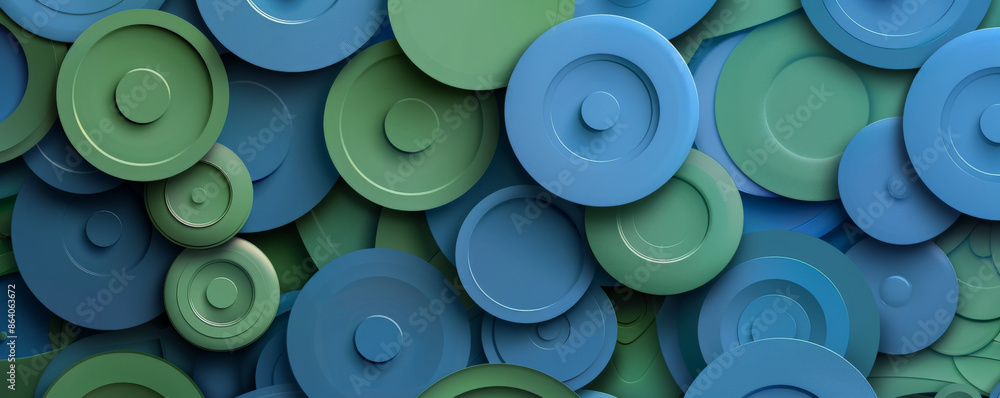 Poster abstract geometric background with interlocking hexagons and circles in cool blue and green tones. t