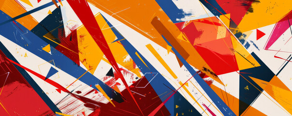 Abstract geometric background with fragmented lines and shapes in bold primary colors. The vibrant design and sharp angles add a playful and energetic touch.