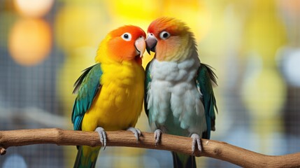 Obraz premium Beautiful parrots sitting on tree branch birds of australia loving each other, birds love concept