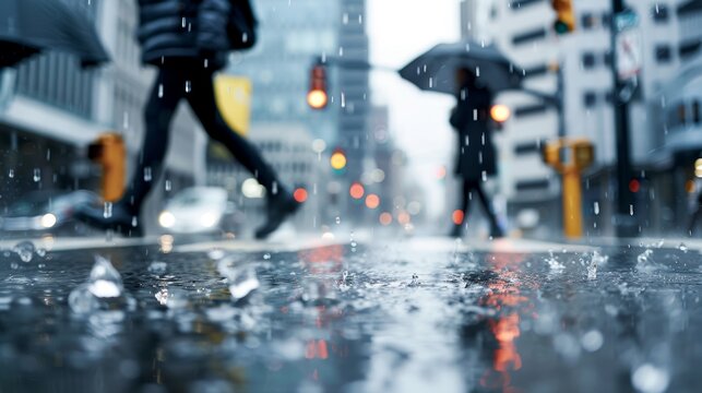 People crossing a busy street in a heavy rainstorm, dark clouds rolling in, rain cascading, detailed reflections and water splashes