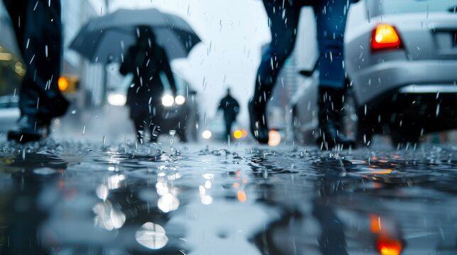 People crossing a busy street in a heavy rainstorm, dark clouds rolling in, rain cascading, detailed reflections and water splashes