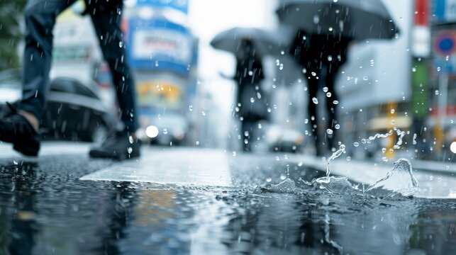 People crossing a busy street in a heavy rainstorm, dark clouds rolling in, rain cascading, detailed reflections and water splashes