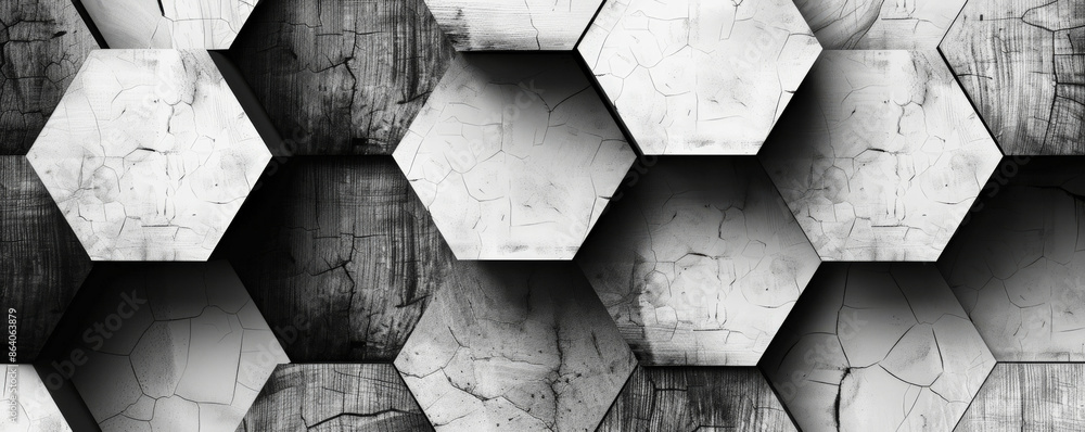 Poster abstract hexagon geometry background in monochrome. the hexagons have a variety of textures, from sm