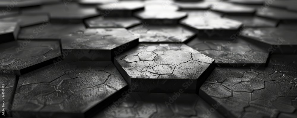 Poster abstract hexagon geometry background in monochrome. the hexagons have a variety of textures, from sm