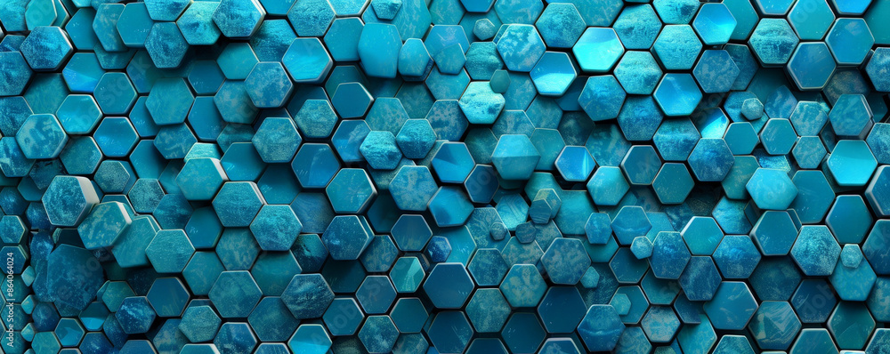 Poster abstract hexagon geometry background in shades of blue and teal. the hexagons are arranged in a hone