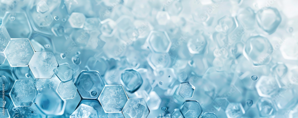 Poster abstract hexagon geometry background in shades of blue and white. the hexagons have a frosted, icy t
