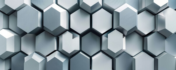 Abstract hexagon geometry background in shades of gray and white. The hexagons have a smooth, matte finish, with subtle shadows and highlights. The design is minimalist and modern, perfect for a clean