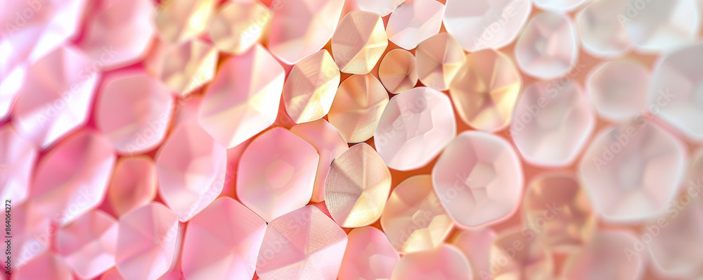 Poster abstract hexagon geometry background in shades of pink and gold. the hexagons have a soft, satin-lik