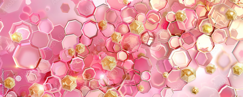 Poster abstract hexagon geometry background in shades of pink and gold. the hexagons have a soft, satin-lik