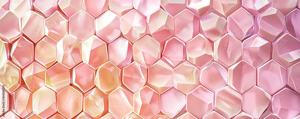 Poster abstract hexagon geometry background in shades of pink and gold. the hexagons have a soft, satin-lik