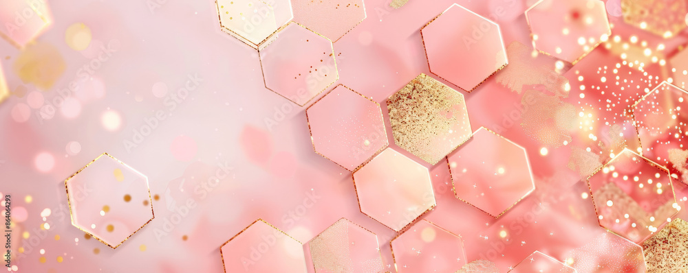 Poster abstract hexagon geometry background in shades of pink and gold. the hexagons have a soft, satin-lik