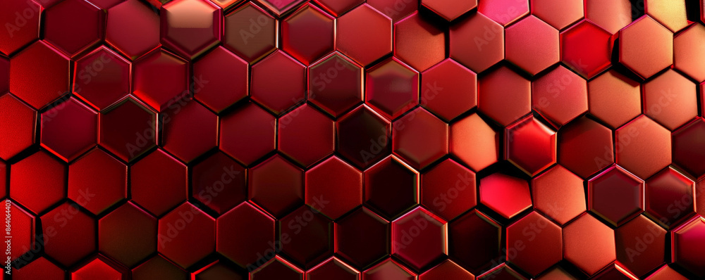 Poster abstract hexagon geometry background in shades of red and gold. the hexagons have a smooth, satin-li