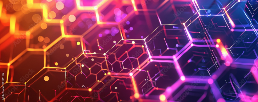 Poster abstract hexagon geometry background in vibrant neon colors. the hexagons are interconnected with gl