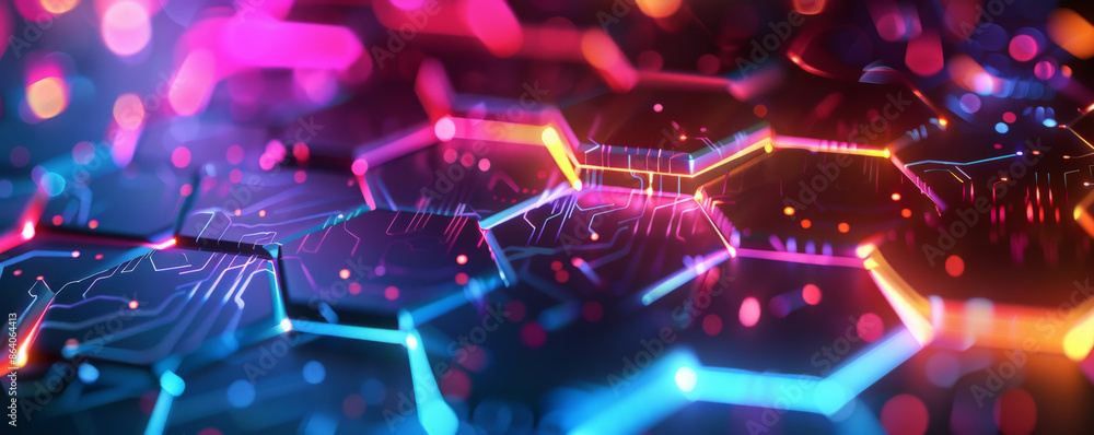 Poster abstract hexagon geometry background in vibrant neon colors. the hexagons are interconnected with gl