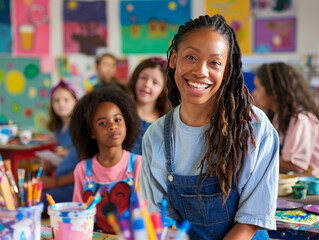 A portrait of a smiling Afro-American female teacher leading a group of students in a hands-on art class