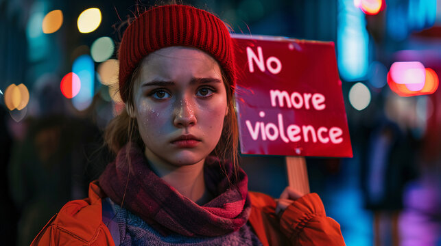 Girl with a sad expression, holding a "No more violence" sign