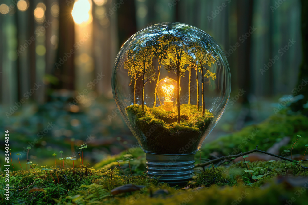Poster a light bulb is surrounded by moss and trees, creating a whimsical and natural atmosphere. the light