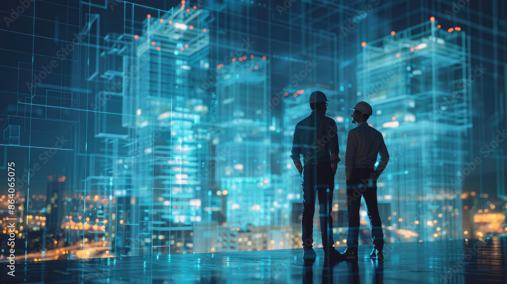Poster two men standing on a city street looking up at a building. the image is a computer generated render