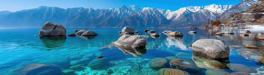 Fototapeta premium Explore Snow Capped Mountains and Winter Reflections in a Clear Lake Stunning Scenic Photography of Pristine Alpine Landscapes