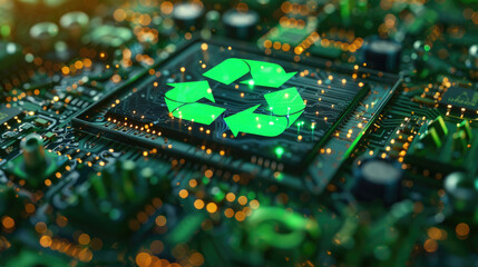 Obraz premium A computer chip with a green recycling symbol on it. Concept of recycling and the importance of being environmentally conscious