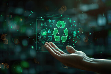 A hand is holding a green screen with a recycle sign on it. The image conveys the importance of recycling and taking care of the environment