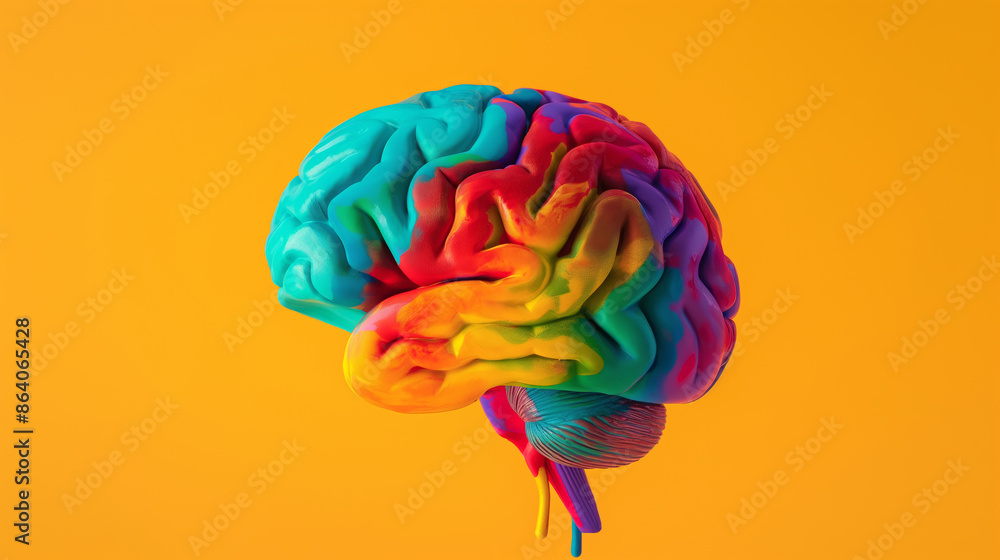 Aufkleber a colorful brain with a yellow background. the brain is made of different colors and has a unique ap