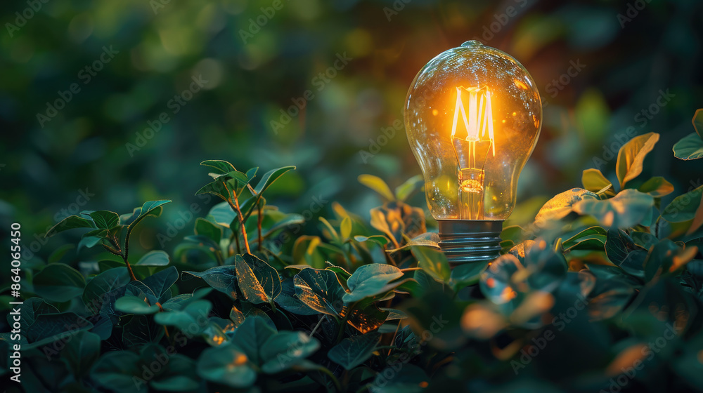 Poster a light bulb is lit up in a green bush. the light bulb is surrounded by leaves and branches, creatin