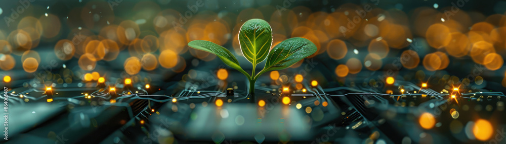 Poster macro shot of a plant sprouting from a microchip with glowing circuitry on a dark background. captur