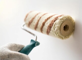 Hand of a painter with roller painting white wall closeup