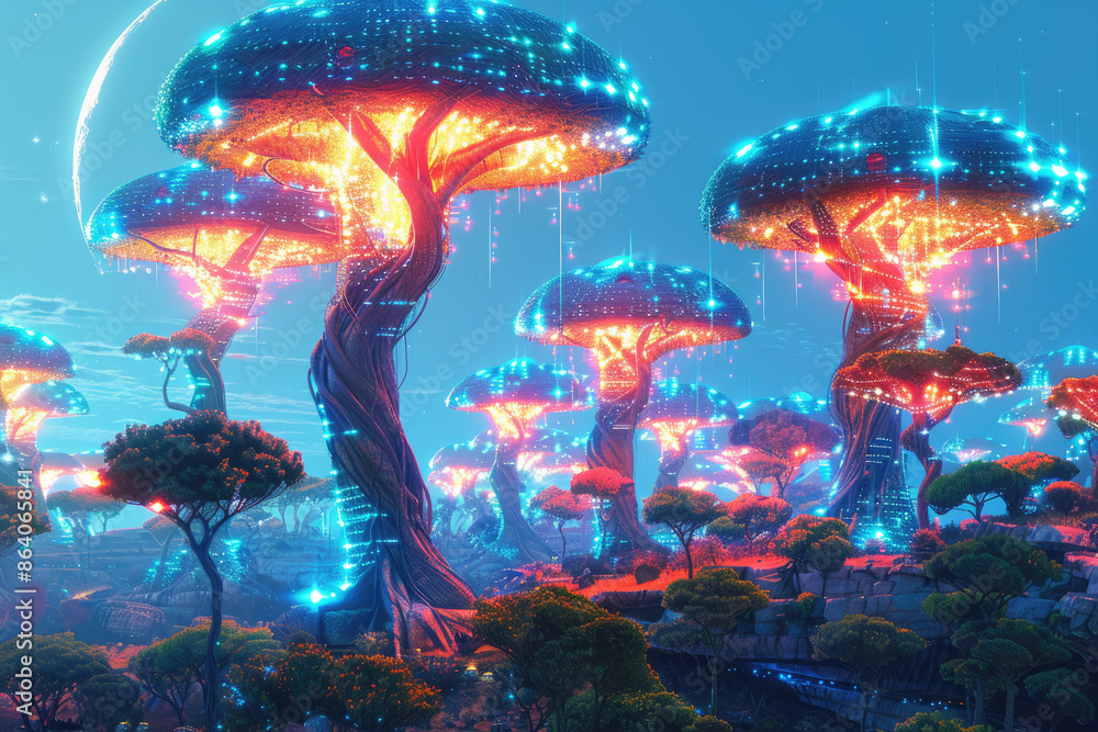 Poster a forest of trees with glowing leaves and a bright blue sky. the trees are illuminated with neon lig