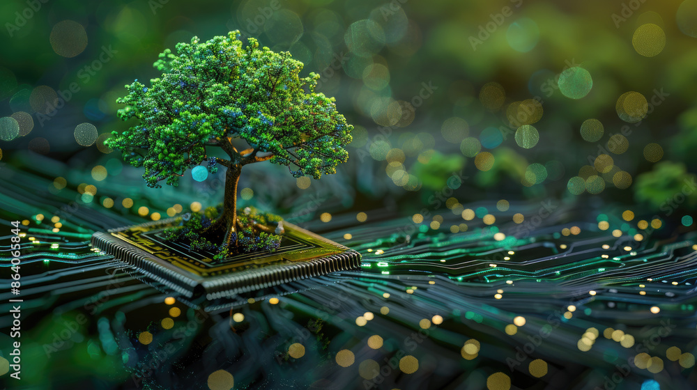 Poster a tree is planted on a computer chip. concept of technology and nature coming together in harmony