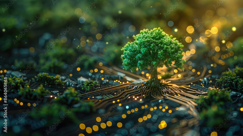 Poster a tree is growing in a field of wires and circuits. concept of technology and nature coexisting in h