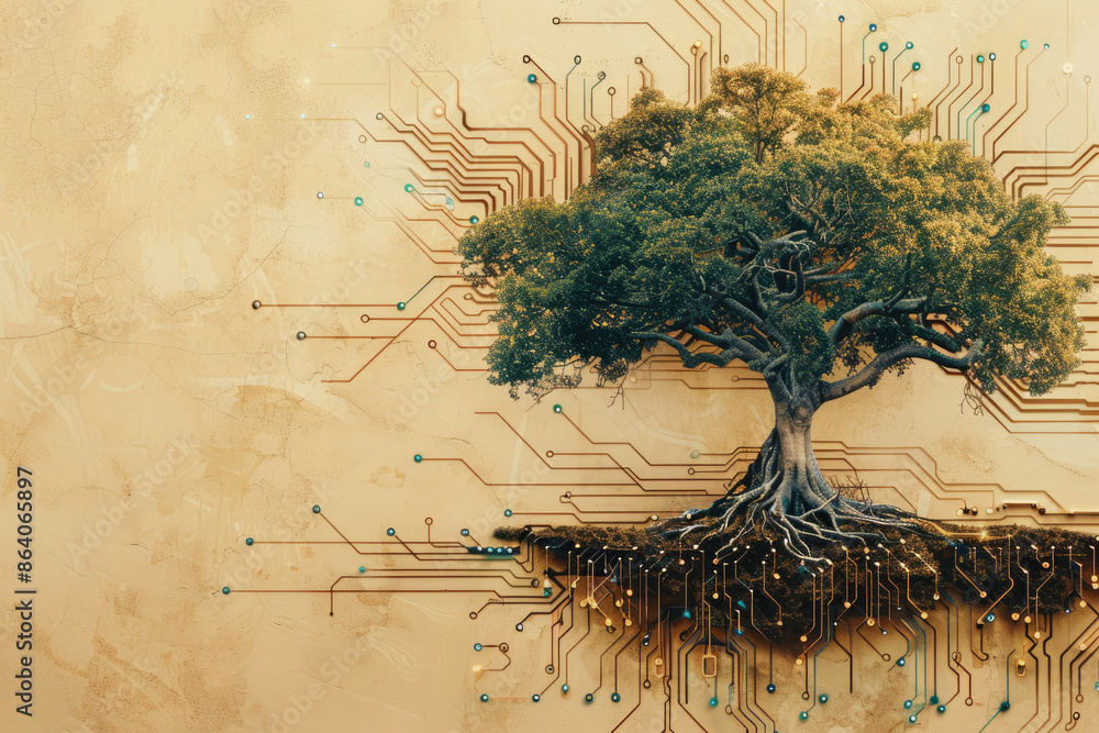 Poster a tree is growing out of a wall with wires and circuits. the tree is surrounded by a lot of wires an