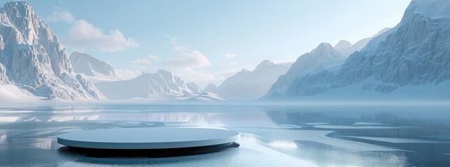 3D rendering of an empty stage podium on an ice lake with a snowy mountain background. Winter scene...