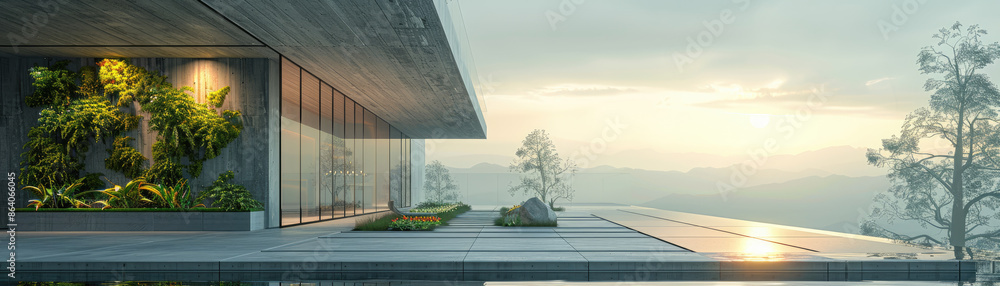 Poster a large building with a green wall and a large window. the building is on a hill and has a view of t