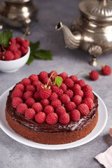 Chocolate sponge cake with chocolate cream and raspberries. Delicious homemade dessert.