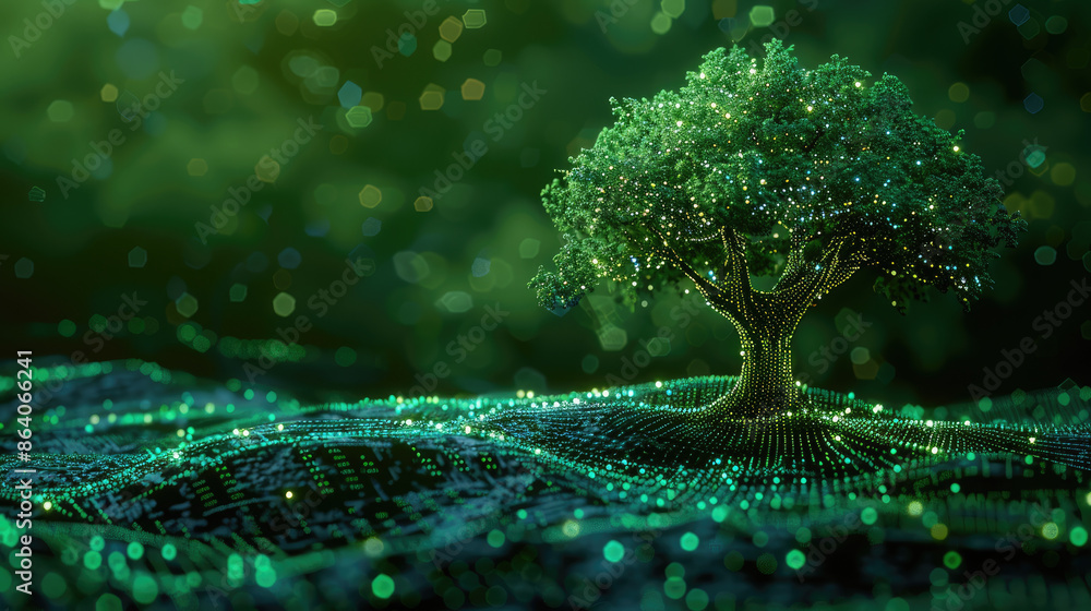 Aufkleber a tree is lit up with lights and is surrounded by a green background. the tree is the main focus of 