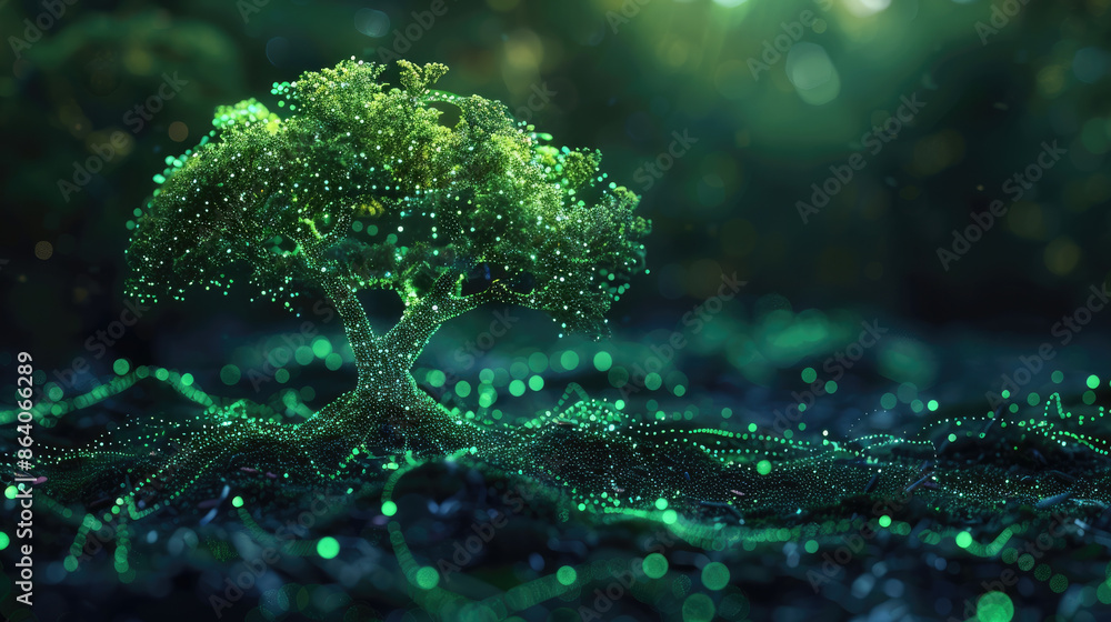 Aufkleber a tree is shown in a green field with a glowing effect. the tree is surrounded by a network of lines