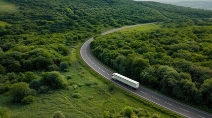 An aerial view of a white semi-truck driving down a straight road through a dense forest