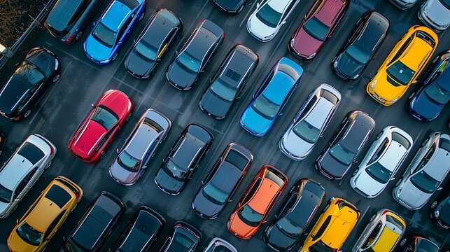 Top down aerial view of many cars on a parking lot of supermarket or on sale car dealer market