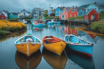Naklejka premium A quiet fishing village with colorful boats docked at a pier, and quaint houses in the background.