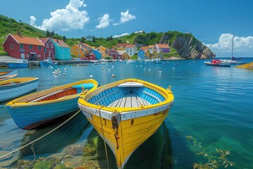 A quiet fishing village with colorful boats docked at a pier, and quaint houses in the background.