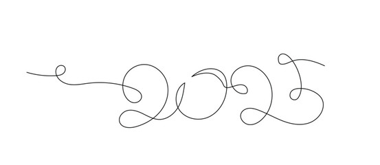 Continuous one line doodle drawing of new year 2025. Holiday concept, festive New year handwriting text, minimalist design. Editable stroke.